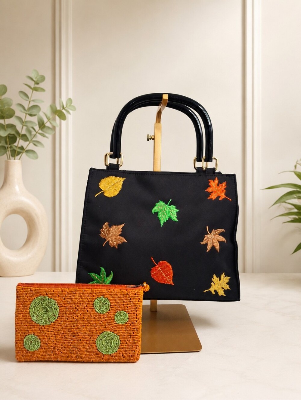 Kim Rogers Vintage Fall Leaves Lucite Handle Bag + Beaded Pouch EUC